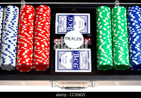 Poker game, cards, tokens, in a case. Stock Photo