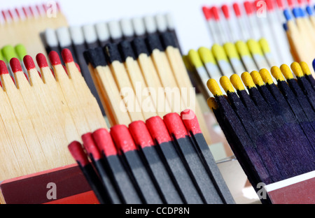 Matches, different colors and different sizes, forms, designs. Stock Photo