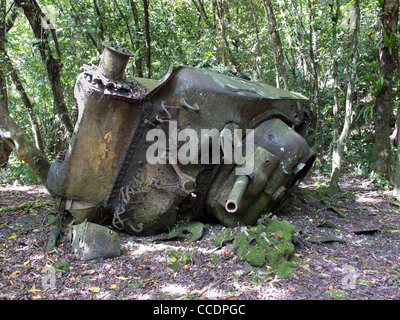 Remains of a battle tank destroyed by a land mine during World War II in the battle of Peleliu. Stock Photo