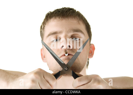 drop smoking concept. Man with scissors and cigarette on white background Stock Photo