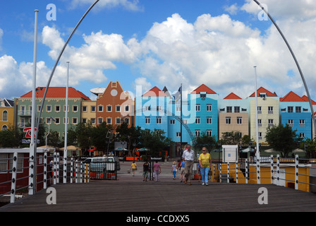 View along the Queen Emma Pontoon Bridge towards shops, Willemstad, Curacao, Dutch Antiles, Caribbean, West Indies. Stock Photo