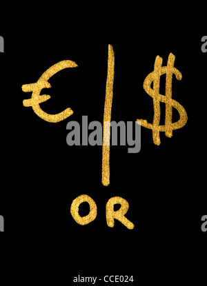 Euro or Dollar conception. Gold color symbols over black Stock Photo