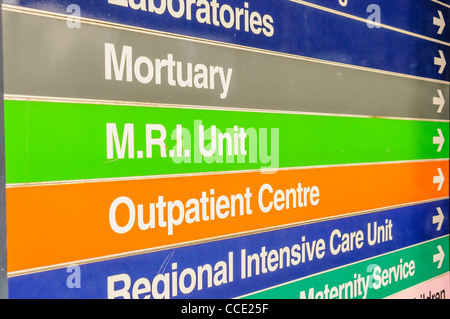 Signs at a hospital for Mortuary, MRI Unit, Outpatient Centre and Regional Intensive Care Unit