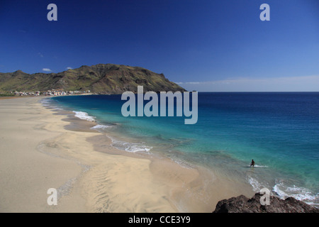 Lone swimmer on San Pedro beach, Sao Vicente Island, Cape Verde Archipelago Stock Photo