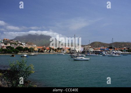 Mindelo harbour / port with Monte Verde in the background, Sao Vicente Island, Cape Verde Archipelago Stock Photo