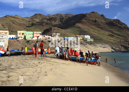 Pulling in the fishing boats on San Pedro beach, Sao Vicente Island, Cape Verde Archipelago Stock Photo