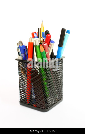 Black metal pencil cup filled with colorful used pencils and pens, isolated Stock Photo