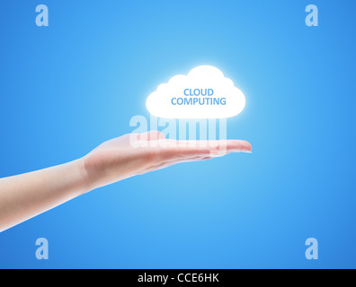 Woman hand share the cloud against blue background. Concept image on cloud computing theme with copy space. Stock Photo