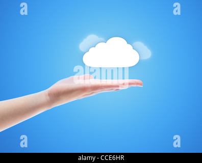 Woman hand share the cloud against blue background. Concept image on cloud computing theme with copy space.