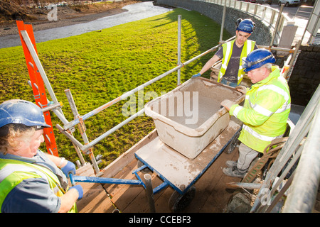 Building flood defences in Keswick sfter the disastrous 2009 floods. Stock Photo