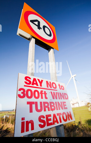 A protest sign about a new wind turbine in Seaton near workington, Cumbria, UK, Stock Photo