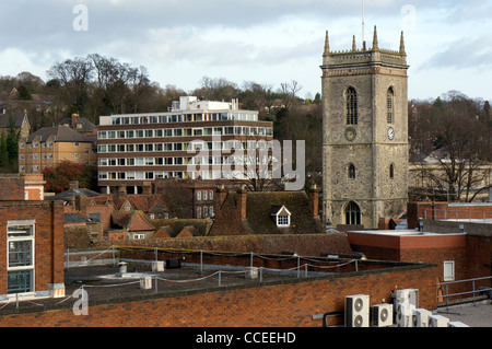 aerial view of High Wycombe town centre featuring All Saints church tower in the distance. Stock Photo