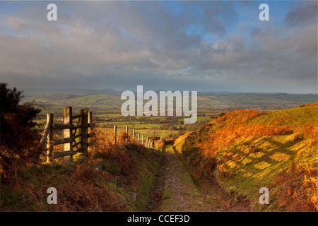 Sunset over a bridleway descending from Brown Clee Hill, looking towards Wenlock Edge and the long mynd, Shropshire, England, UK Stock Photo