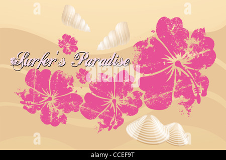 Surfer's Paradise - Vintage poster with hibiscus, mussels and logo on fine sandy beach Stock Photo