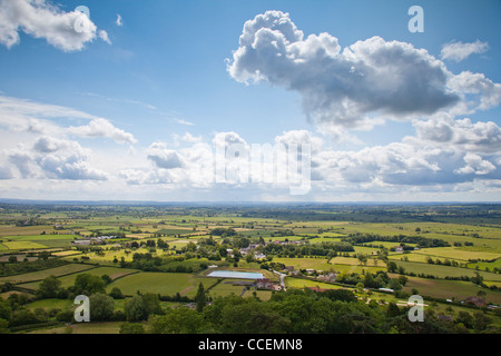 A view of the patchwork landscape of the Somerset Levels, from Glastonbury Tor. Stock Photo