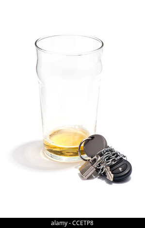 An empty pint of beer and a car key chained and padlocked