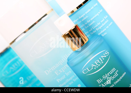 Face care set, moisturizer. Bottles of Clarins Hydraquench products on a white background Stock Photo