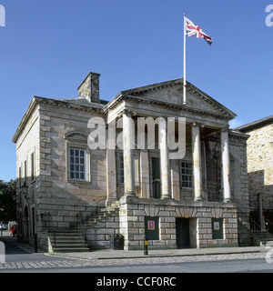 Colonnade at front of Maritime family museum in former Custom House building with Union Jack flag River Lune quayside Lancaster Lancashire England UK Stock Photo