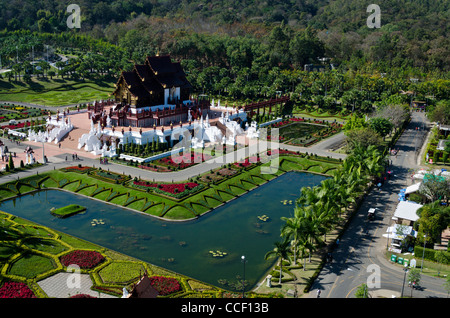 Aerial view of the large Royal Pavilion & it's V-shaped landscaped pond at the Royal Flora Expo in Chiang Mai Thailand Stock Photo