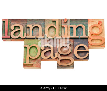 landing page - internet and search engine optimization (SEO) concept - isolated text in vintage wood letterpress type Stock Photo