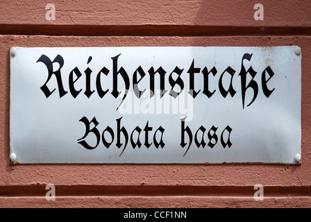 Street sign of Bautzen in German and Sorbian language at the Reichenstrasse - Bohata hasa. Stock Photo