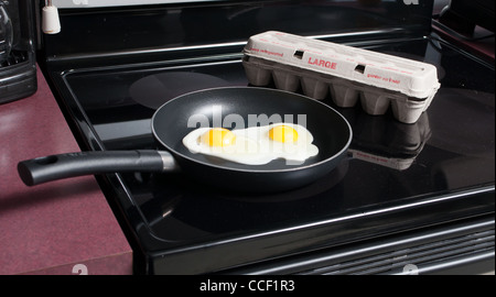 Two frying eggs cooking in a pan on the stove Stock Photo