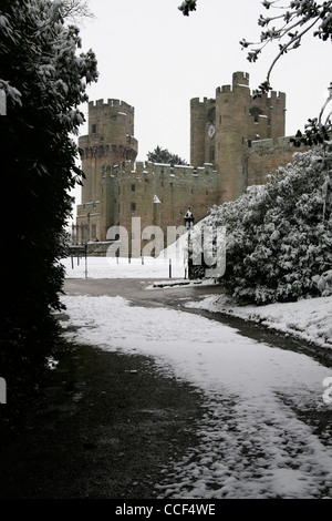 View of Warwick Castle in the snow Stock Photo