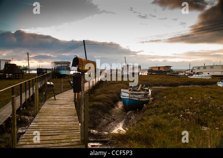 Walkway leading to houseboats by the sea in West Mersea, Essex, England Stock Photo