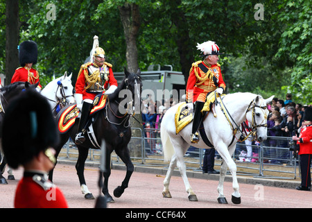 Household Cavalry Life Guard officers passing along Pall Mall during Trooping the Colour, London , England 2011 Stock Photo