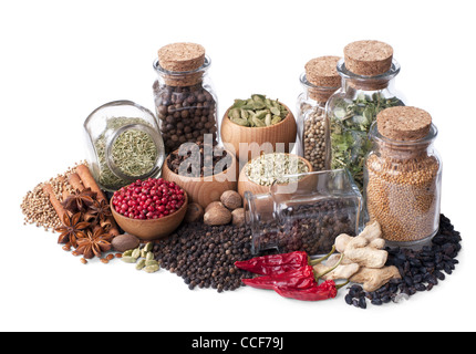 still life of different spices and herbs isolated on white background Stock Photo