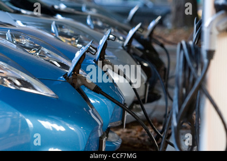 All electric Nissan Leaf cars charging. Stock Photo