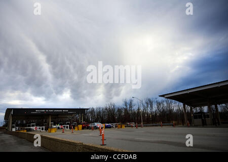 December 31, 2010 - Fort Leonard Wood, Missouri, U.S. - Clouds gather over the entrance of the Fort Leonard Wood Army post where homes were destroyed by a tornado that touched down at the post in southern Missouri Friday morning. In the neighborhood of about 75 homes, an estimated 75 percent were de Stock Photo