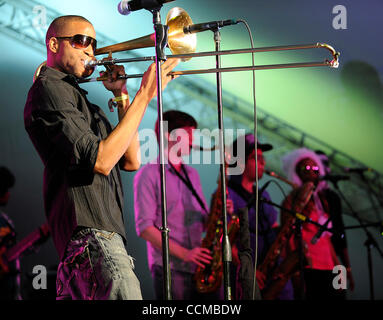 Oct 31, 2010 - New Orleans, Louisiana; USA - Musician TROMBONE SHORTY & ORLEANS AVENUE performs live as part of the 2010 Voodoo Music Festival that is taking place at City Park located in New Orleans.  The Voodoo Music Festival is a three music festival with a variety of artist performing on six dif Stock Photo