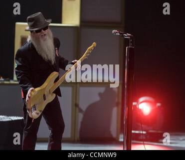 American blues rock band ZZ Top performing live in Moscow. Pictured: member of the band Dusty Hill . Stock Photo