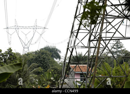 CISEENG, BOGOR, INDONESIA - AUGUST 16, 2004  Views of power lines and towers, around rural and village areas, in south Jakarta, and Bogor, West Java.   Poor people have left Jakarta due to high cost of land and have settled on land which is free - underneath power lines and structures, risking their Stock Photo