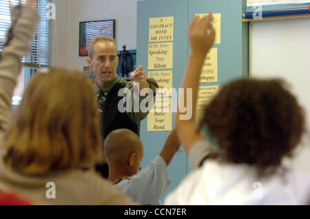 Fourth grade teacher Bill Innes picks a student during class at Elmer Lafayette Cave elementary school in Vallejo Monday August 30,2004.   (Contra Costa Times/Bob Larson) Stock Photo