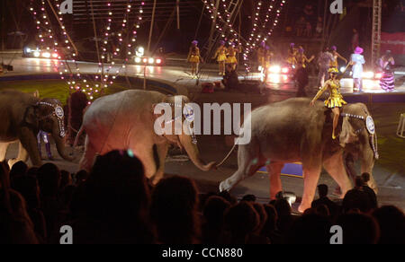 The elephants enter the Oakland Arena on Friday,  August 20, 2004, where two nuns, Sister M. Bernard Overkamp (cq)  and Sister Dorothy Fabritze, (cq) work with members of the Ringling Bros. and Barnum & Bailey Circus counseling, performing Baptisms, and conducting weddings as needed 365 days a year. Stock Photo