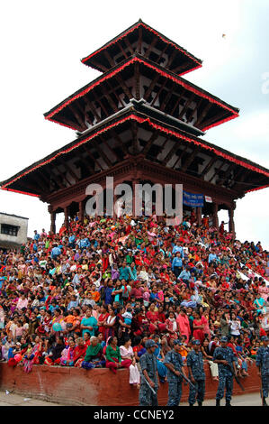 Oct 03, 2004; Basantapur Durbar Square, Kathmandu , NEPAL; Living Goddess Kumari Festival: The Kumari house, a quadrangle Newari structure bearing the most exotic of all wood carvings in the area of Basantapur Durbar Square. The house was built in 1757 during the regime of King Jaya Prakash Malla. T Stock Photo