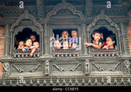 Oct 03, 2004; Basantapur Durbar Square, Kathmandu, NEPAL; Living Goddess Kumari Festival: The Kumari house, a quadrangle Newari structure bearing the most exotic of all wood carvings in the area of Basantapur Durbar Square. The house was built in 1757 during the regime of King Jaya Prakash Malla. Th Stock Photo