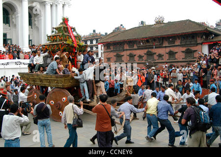 Oct 03, 2004; Basantapur Durbar Square, Kathmandu, NEPAL; Living Goddess Kumari Festival: The Kumari house, a quadrangle Newari structure bearing the most exotic of all wood carvings in the area of Basantapur Durbar Square. The house was built in 1757 during the regime of King Jaya Prakash Malla. Th Stock Photo