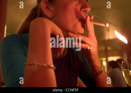 Oct 05, 2004; London, UK; A smoker in London lights her cigarette. Worldwide about three million people die from tobacco-related diseases each year. Smoking is an important public health issue. Researchers estimate that within 30 years the number of tobacco-related deaths will rise to 10 million per Stock Photo