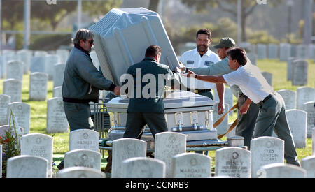 For most of the cemetery workers here at Golden Gate National Cemetery, burials of veterans is an honor.They settled 600 vets and family members into the ground last year alone. Following a full military honors burial for Marine Erick Hodges Friday, November 19, 2004, workers put his body to rest in Stock Photo