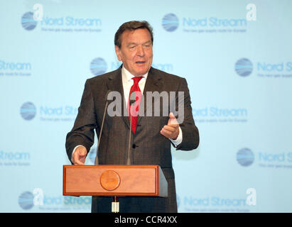 St.Petersburg,Russia.April 9, 2010. Nord Stream gas pipeline underwater construction starts. Construction of the Nord Stream pipeline from Russia to Europe under the Baltic Sea has been officially launched near near Vyborg city of Leningrad region. Pictured: former German Chancellor Gerhard Schroede