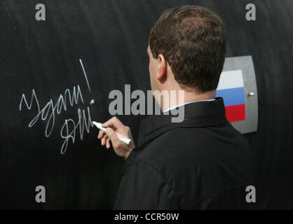 St.Petersburg,Russia.April 9, 2010. Nord Stream gas pipeline underwater construction starts. Construction of the Nord Stream pipeline from Russia to Europe under the Baltic Sea has been officially launched near near Vyborg city of Leningrad region.  Pictured: Russian President Dmitry Medvedev attend Stock Photo