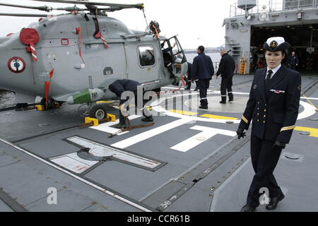 French Navy F70 type frigate Latouche-Tréville visiting Severomorsk navy base of Russian Northern Fleet. Pictured: helicopter on board the ship. Stock Photo