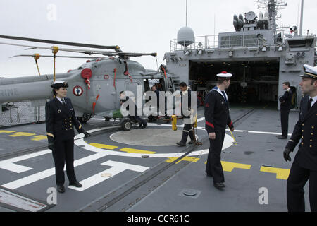 French Navy F70 type frigate Latouche-Tréville visiting Severomorsk navy base of Russian Northern Fleet. Pictured: helicopter on board the ship. Stock Photo