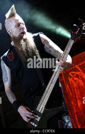 Matt Snell, bassist for the hard rock band Five Finger Death Punch, performs with his band at Bayfest in Mobile, Alabama, USA on October 1, 2010. Stock Photo