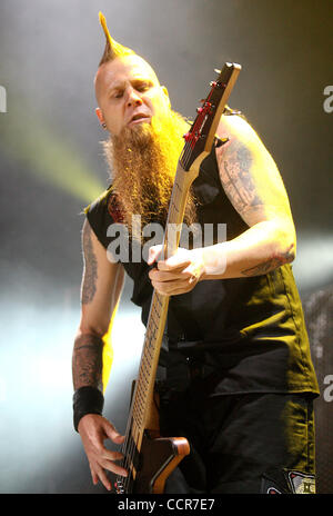 Matt Snell, bassist for the hard rock band Five Finger Death Punch, performs with his band at Bayfest in Mobile, Alabama, USA on October 1, 2010. Stock Photo