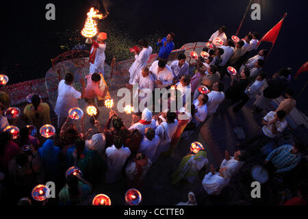 A daily  evening Aarti in praise of the Yamuna River is conducted on the ghats of the Yamuna river at Vrindavan. Stock Photo