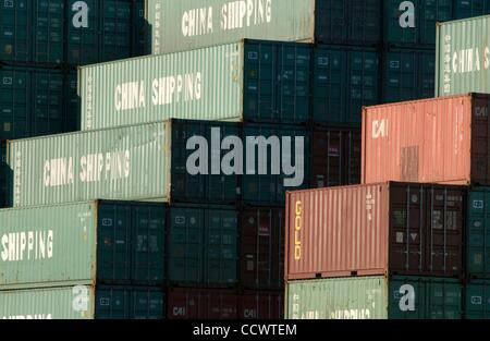 Mar 15, 2010 - Los Angeles, California, USA - Stacks of China Shipping containers wait to be hauled at the The Port of Long Beach. The port is the 2nd busiest seaport in the United States boasting about $100 billion in trade and it is America's major gateway to trade with Asia. (Credit Image: Â© Leo Stock Photo